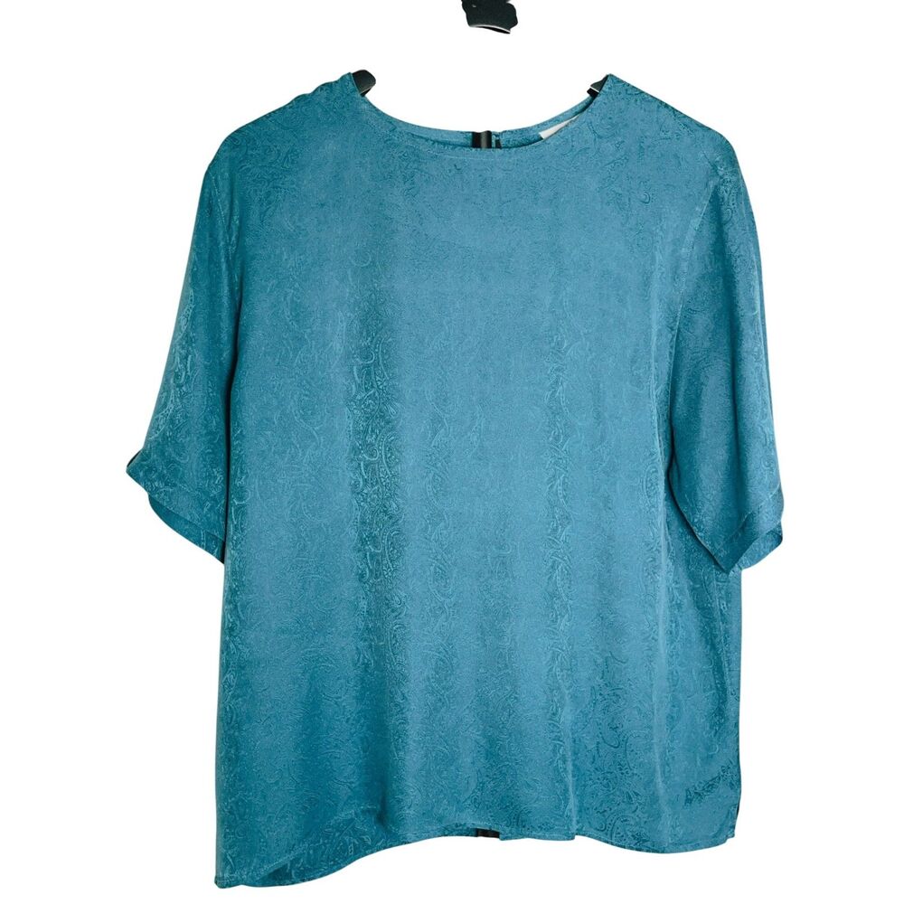 Vintage Christie & Jill 100% Silk Paisley Jacquard Blouse Teal Blue XL